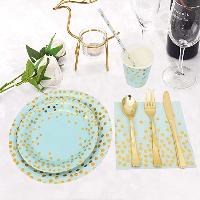 Disposable Tableware in Blue & Gold