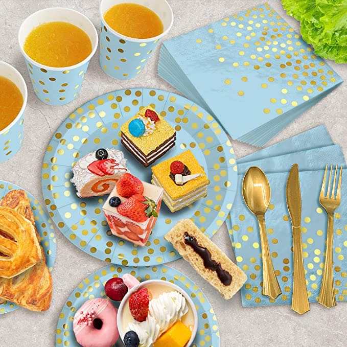 Disposable Tableware in Blue & Gold